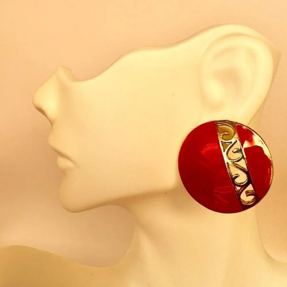 Red and gold tone vintage circle post earrings